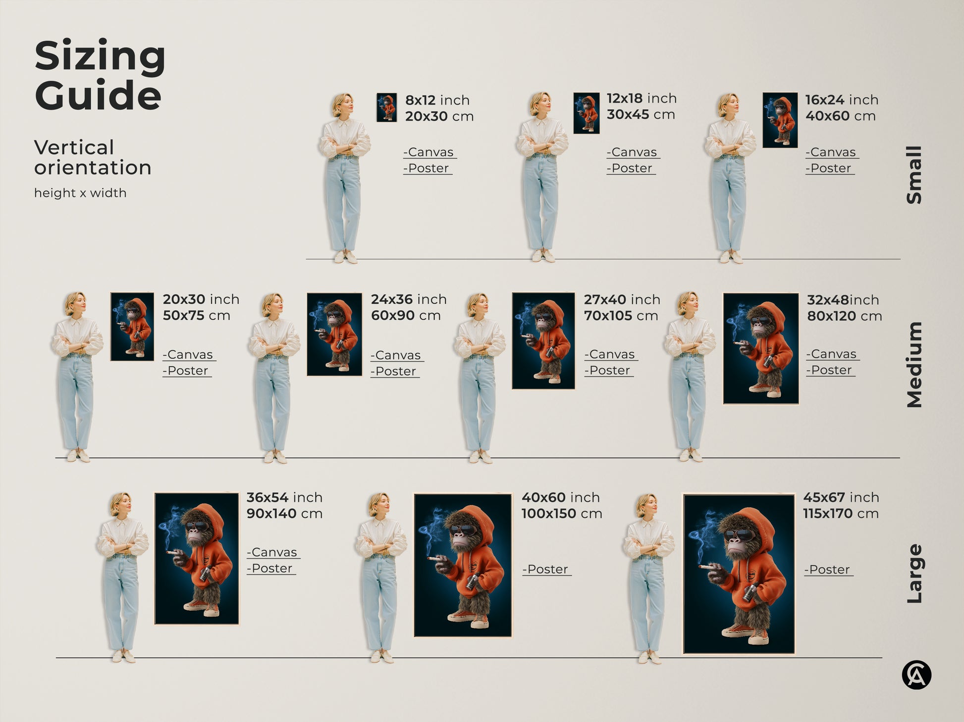 Sizing guide for streetwear monkey canvas art. Vertical orientation options are available in small medium and large sizes. The cartoon animal artwork looks great in any size. The orange hoodie wall decor is perfect for any space. Choose the perfect size for your man cave or office.