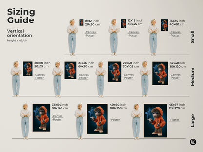 Sizing guide for streetwear monkey canvas art. Vertical orientation options are available in small medium and large sizes. The cartoon animal artwork looks great in any size. The orange hoodie wall decor is perfect for any space. Choose the perfect size for your man cave or office.