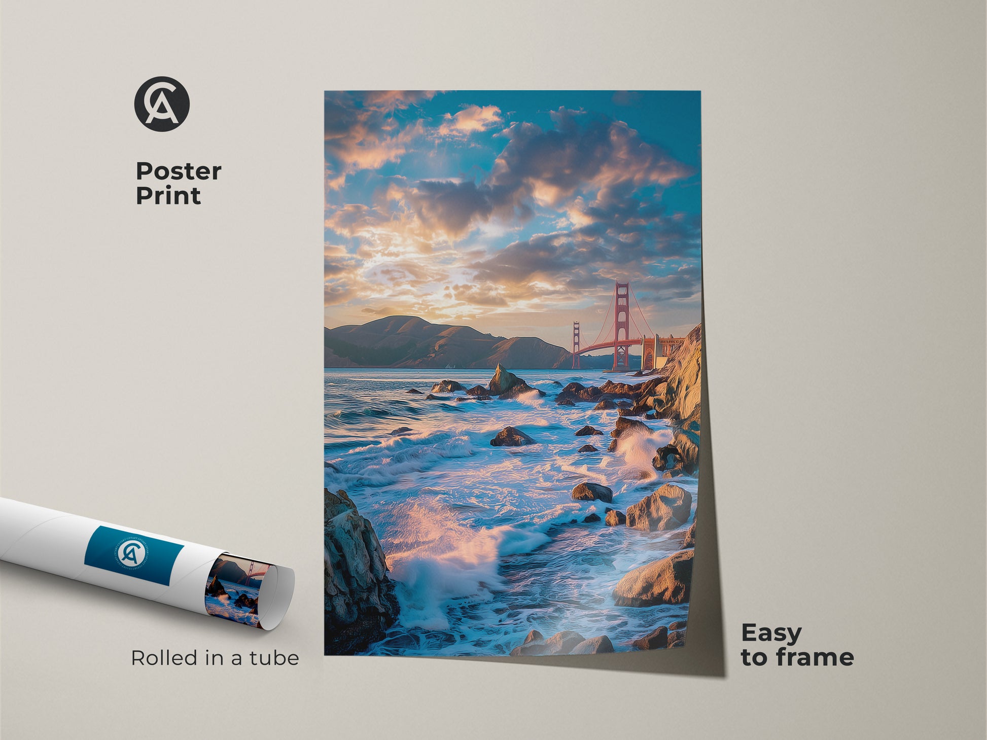 Poster print of the Golden Gate Bridge rolled in a tube. Easy to frame this photorealistic artwork showcases a teal and orange sunset over ocean waves. A contemporary travelers gift and coastal home decor piece.