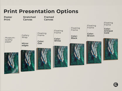 Coastal wall art print presentation options are displayed. Showing poster prints stretched canvas and framed canvas. Featuring Museum-quality paper gallery wrap mirror edges and floating frames in oak white black brown and antique gold.