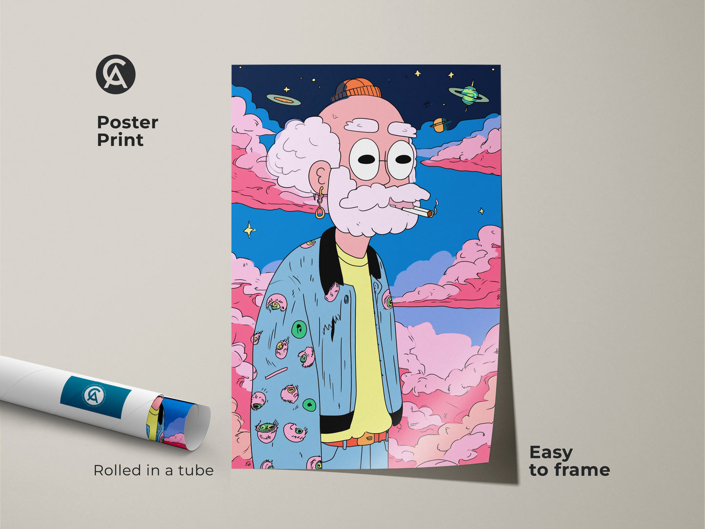 Poster art print of a cartoon old man smoking a cigarette. The artwork includes planets and pink clouds in the background. This easy to frame poster is shipped rolled in a tube for protection.