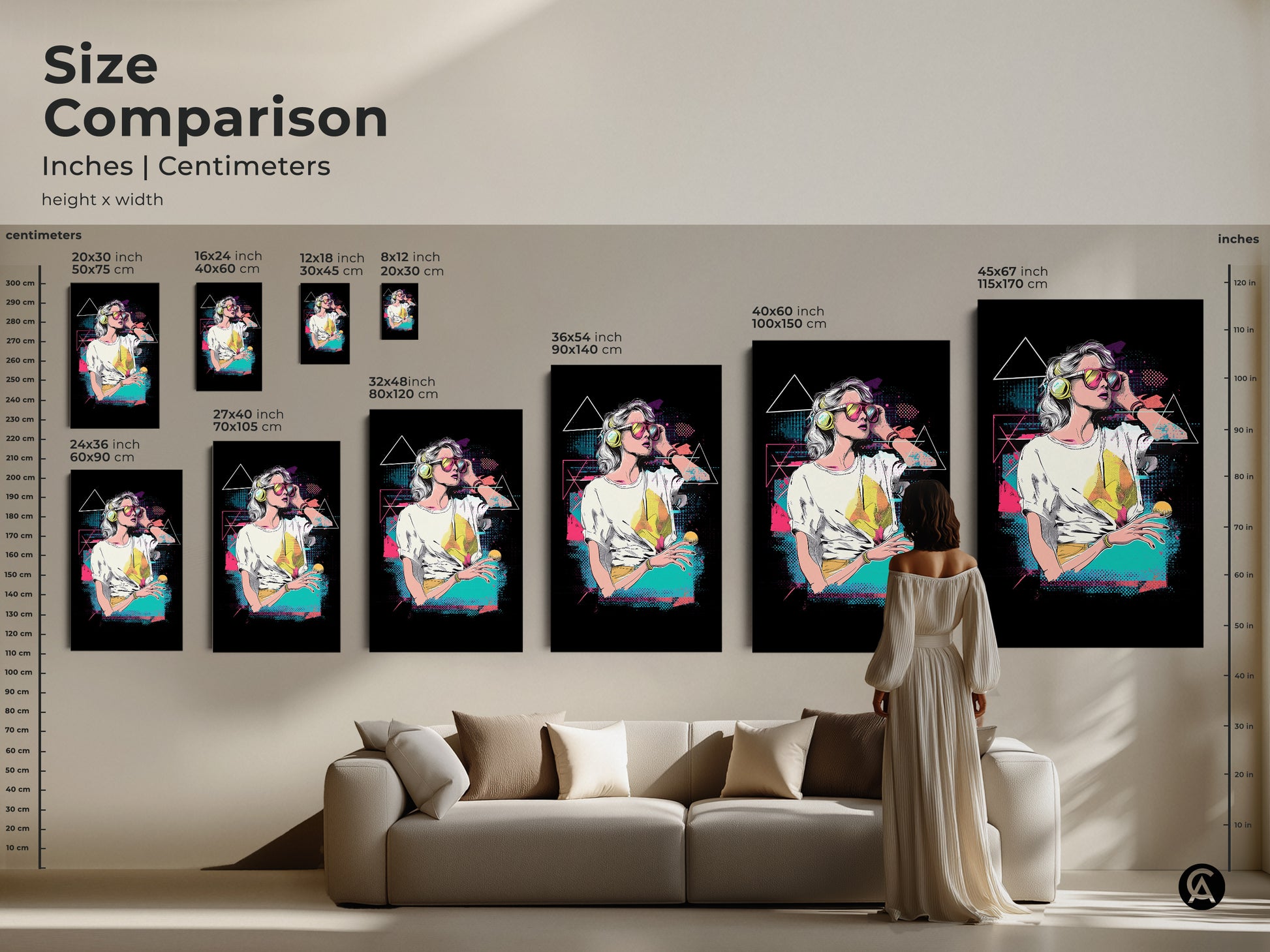 Size comparison of the vaporwave woman art in inches and centimeters. The artwork is displayed in various sizes. A woman is standing in front of a couch. This is for easy visualization of size and scale.
