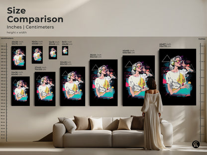 Size comparison of the vaporwave woman art in inches and centimeters. The artwork is displayed in various sizes. A woman is standing in front of a couch. This is for easy visualization of size and scale.