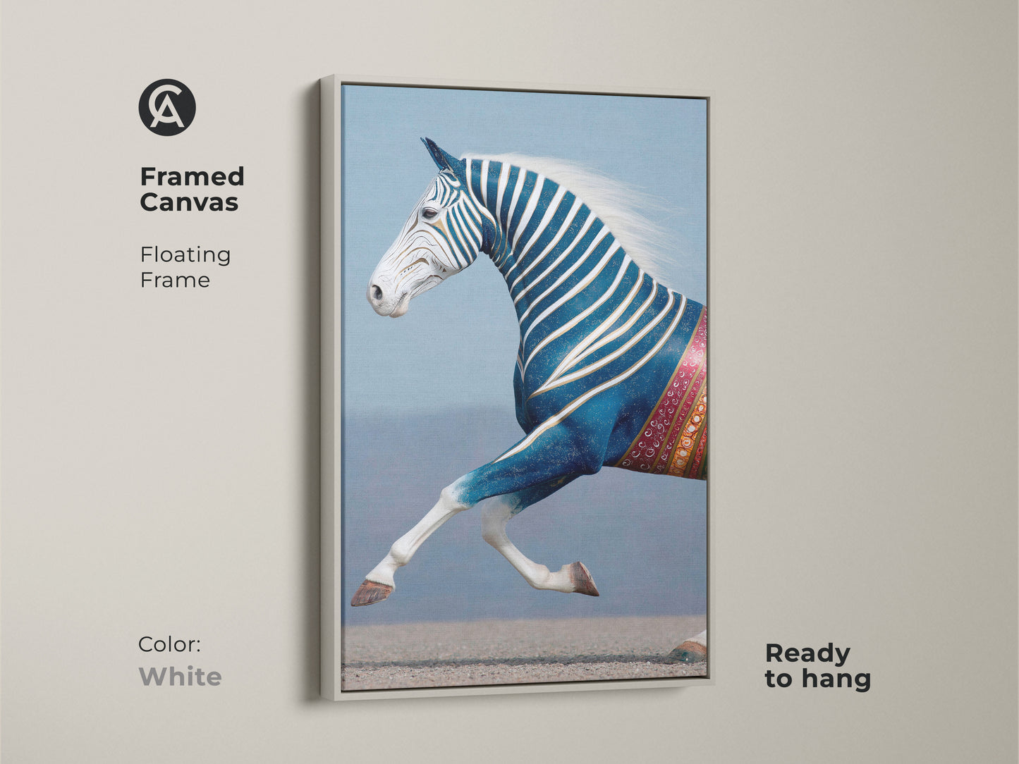 Framed Canvas in White featuring Equine Wall Decor. This eclectic wall hanging adds a touch of fantasy to any room. Ready to hang this bedroom animal art is a unique home decor choice. This patterned equine art is perfect for animal lovers.
