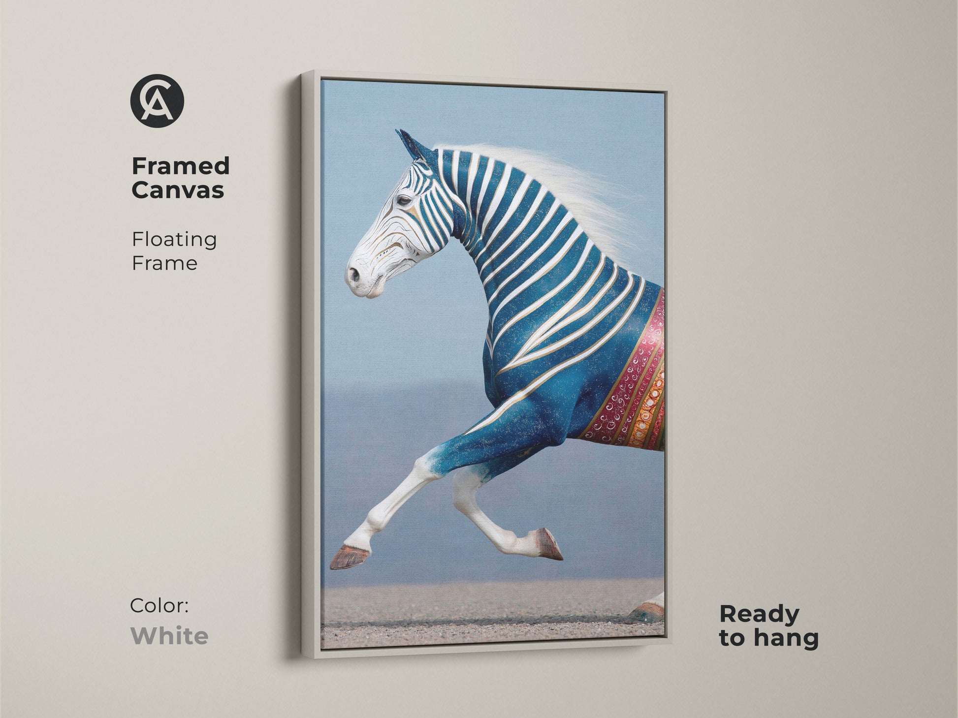Framed Canvas in White featuring Equine Wall Decor. This eclectic wall hanging adds a touch of fantasy to any room. Ready to hang this bedroom animal art is a unique home decor choice. This patterned equine art is perfect for animal lovers.