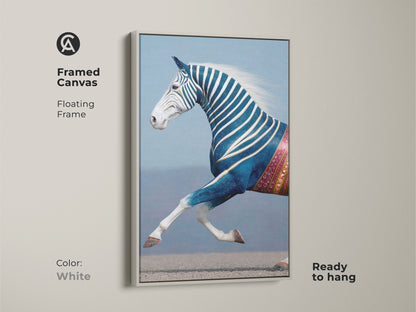Framed Canvas in White featuring Equine Wall Decor. This eclectic wall hanging adds a touch of fantasy to any room. Ready to hang this bedroom animal art is a unique home decor choice. This patterned equine art is perfect for animal lovers.