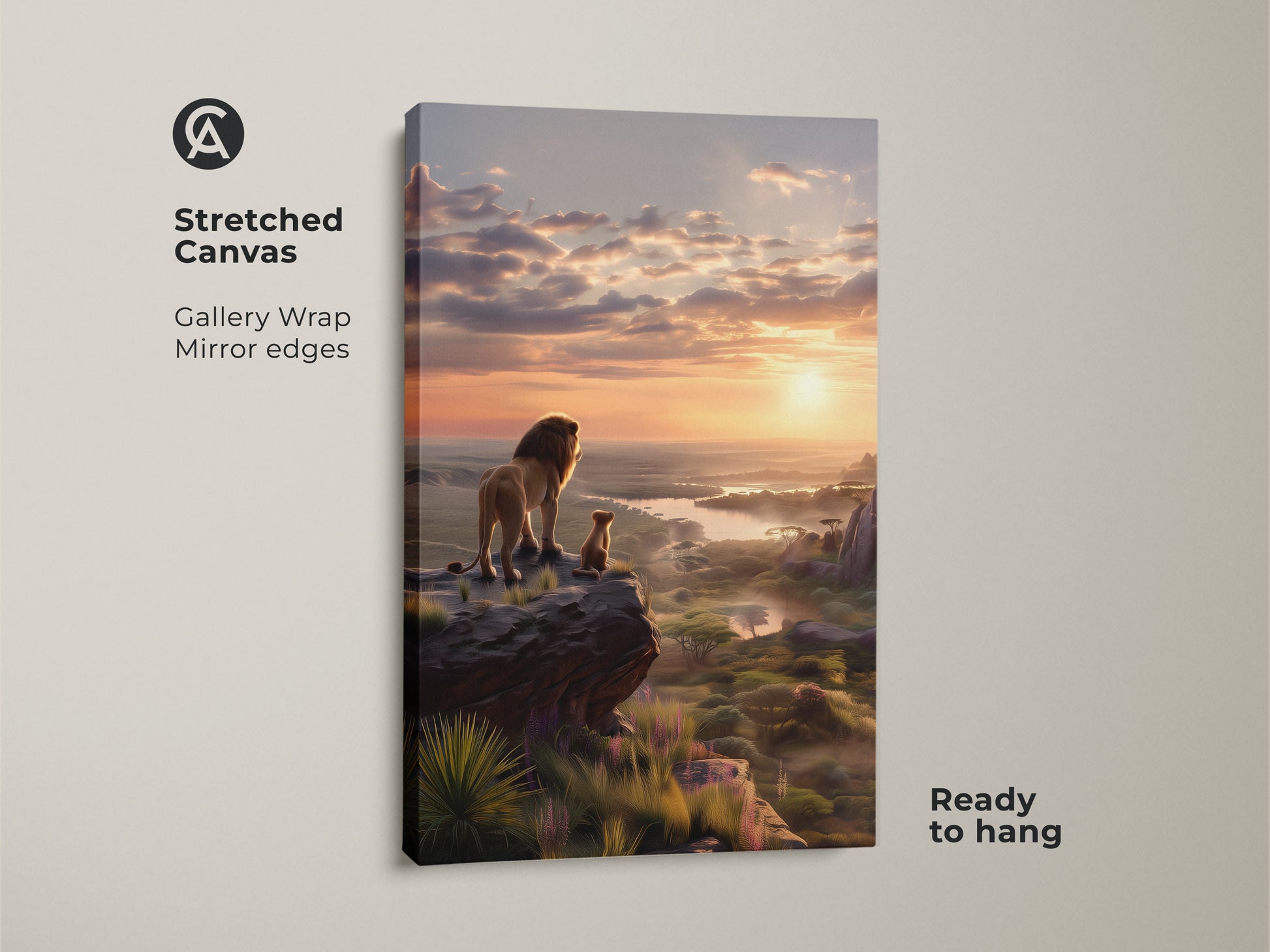 Lion and cub wall art on gallery wrapped canvas. The mirror edges enhance the depth of the African savanna sunrise print. Ready to hang this golden hour landscape canvas brings nature's beauty indoors. Ideal wildlife nursery decor or a thoughtful housewarming gift.