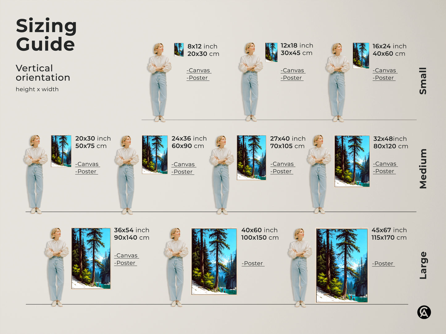 Find the perfect size for your rustic mountain lake canvas art. Visual sizing guide with a model showcasing small medium and large vertical print orientations. Choose from canvas or poster options to suit your style. Various sizes from 8x12 to 45x67 inches available.