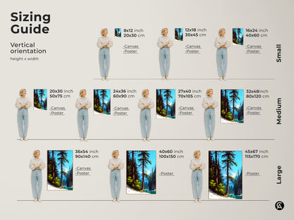 Find the perfect size for your rustic mountain lake canvas art. Visual sizing guide with a model showcasing small medium and large vertical print orientations. Choose from canvas or poster options to suit your style. Various sizes from 8x12 to 45x67 inches available.