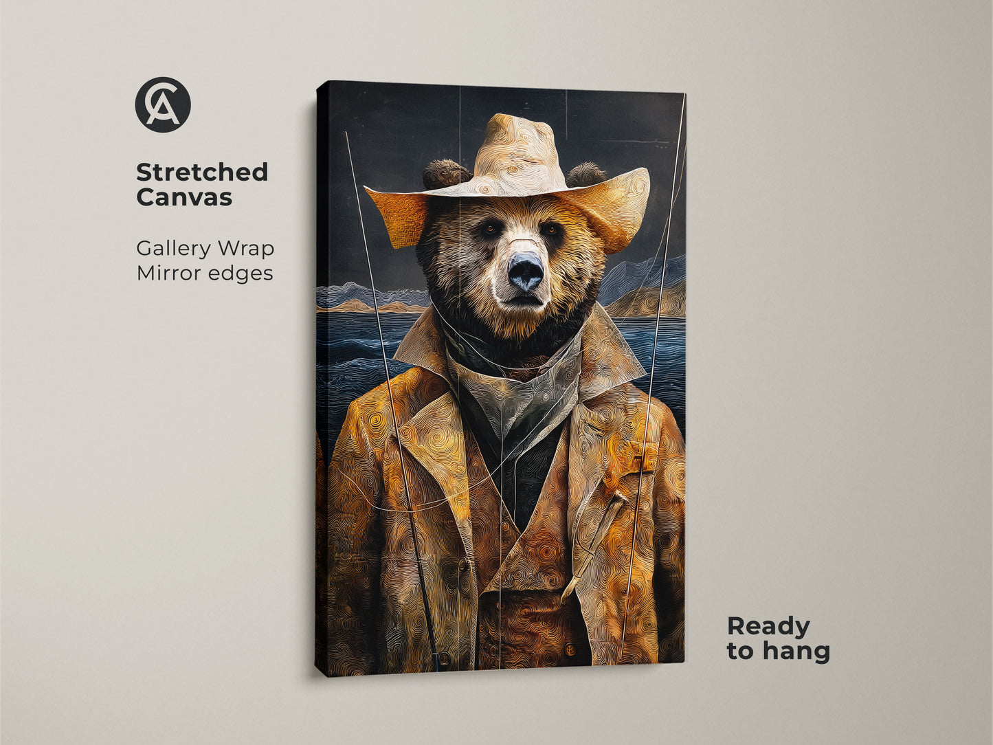 Close-up of the Stretched Canvas golden yellow bear cowboy art. The rustic animal art print features a gallery wrap and mirror edges. Ready to hang this earthy tones landscape adds western style to your den decor artwork