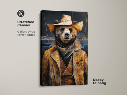 Close-up of the Stretched Canvas golden yellow bear cowboy art. The rustic animal art print features a gallery wrap and mirror edges. Ready to hang this earthy tones landscape adds western style to your den decor artwork