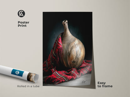 Traditional still life poster print displays a pottery vase art print draped with a red plaid fabric. Easy to frame this artisanal pottery print brings a classic aesthetic to any room ideal wall decor.