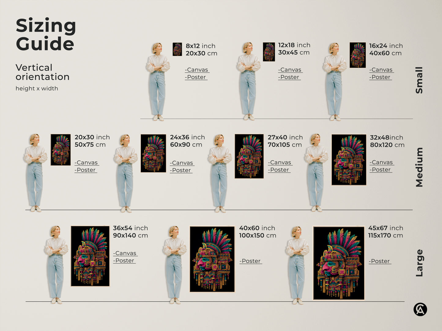 Sizing guide for the Aztec Headdress artwork. See how different sizes look in a room. Available as canvas or poster. Visualize the perfect fit for your space. Shop now