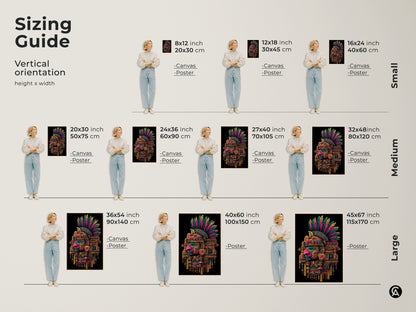 Sizing guide for the Aztec Headdress artwork. See how different sizes look in a room. Available as canvas or poster. Visualize the perfect fit for your space. Shop now