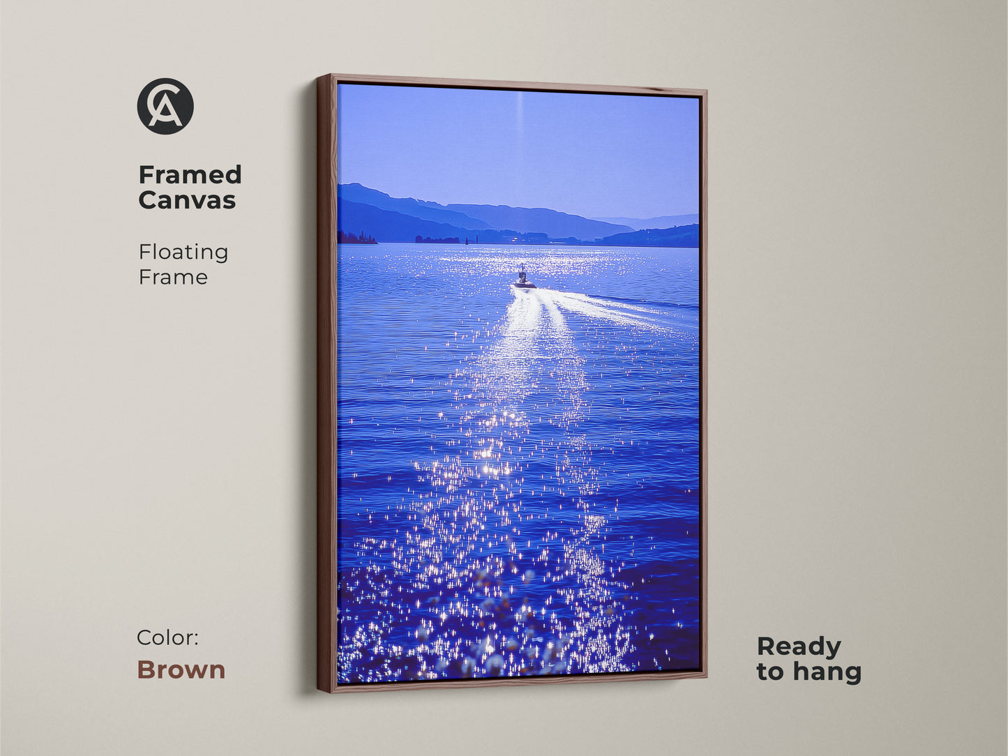 Framed canvas featuring a speedboat cutting through a deep blue lake with a brown floating frame. The sunlight creates a dazzling sparkle. This contemporary artwork is ready to hang perfect for modern home decor.