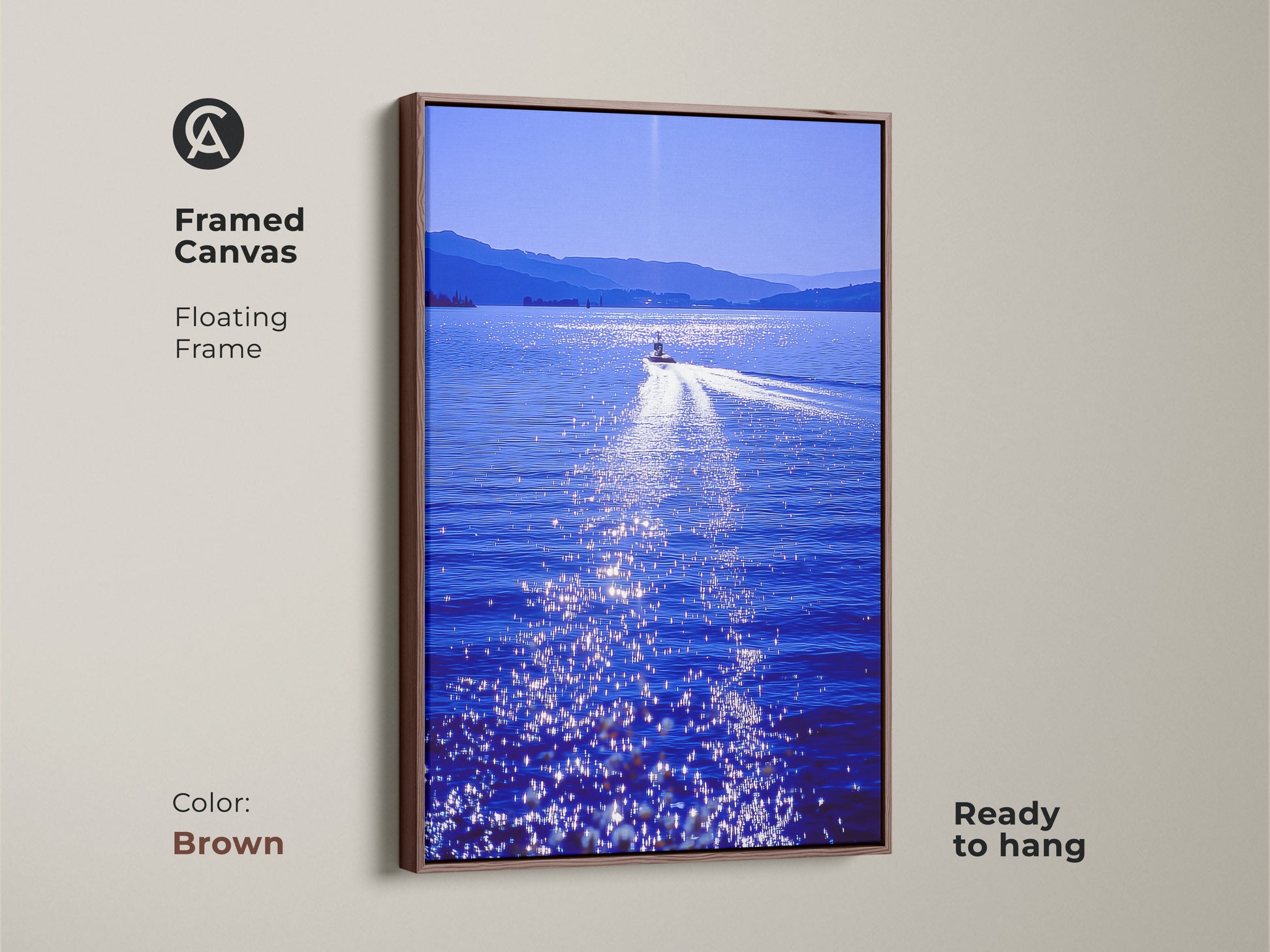 Framed canvas featuring a speedboat cutting through a deep blue lake with a brown floating frame. The sunlight creates a dazzling sparkle. This contemporary artwork is ready to hang perfect for modern home decor.