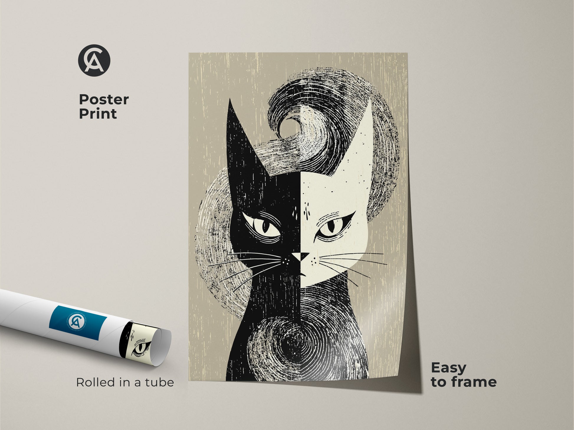 A poster print showcases abstract cat artwork. This black and white mid-century modern art print is easy to frame. Ideal for adding a retro touch to any room. Rolled in a tube for protection. A unique piece of animal wall art perfect for cat lovers home decor.