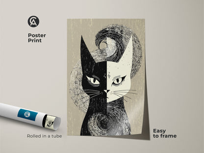 A poster print showcases abstract cat artwork. This black and white mid-century modern art print is easy to frame. Ideal for adding a retro touch to any room. Rolled in a tube for protection. A unique piece of animal wall art perfect for cat lovers home decor.