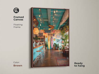 Transform your space with this framed canvas art of a surf shack. The brown frame enhances the beach bar scene. This ready to hang artwork adds warmth and color. The tropical plants and surfboards create a relaxing vibe. Perfect for coastal or beach themed decor.