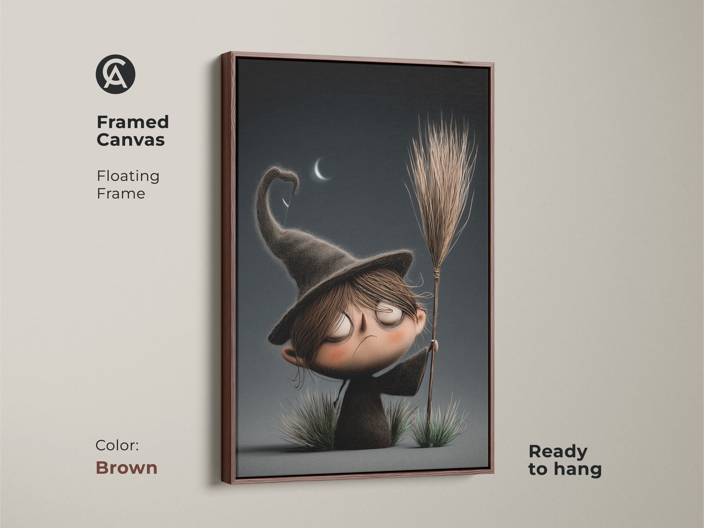 This framed canvas art with a floating frame brings a cute cartoon witch to life. The brown frame enhances the spooky nursery wall decor. It's a perfect dark academia gift. A unique piece of kids fantasy art that is ready to hang. Add a touch of whimsy to your home with this charming print.