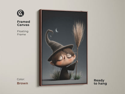 This framed canvas art with a floating frame brings a cute cartoon witch to life. The brown frame enhances the spooky nursery wall decor. It's a perfect dark academia gift. A unique piece of kids fantasy art that is ready to hang. Add a touch of whimsy to your home with this charming print.