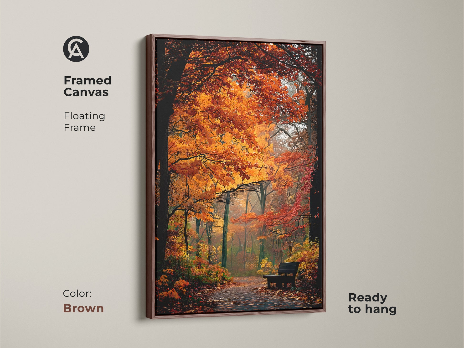 Framed canvas art featuring a forest in fall. The floating frame is brown. The autumn colors bring warmth to your space. This framed artwork is ready to hang and enjoy.