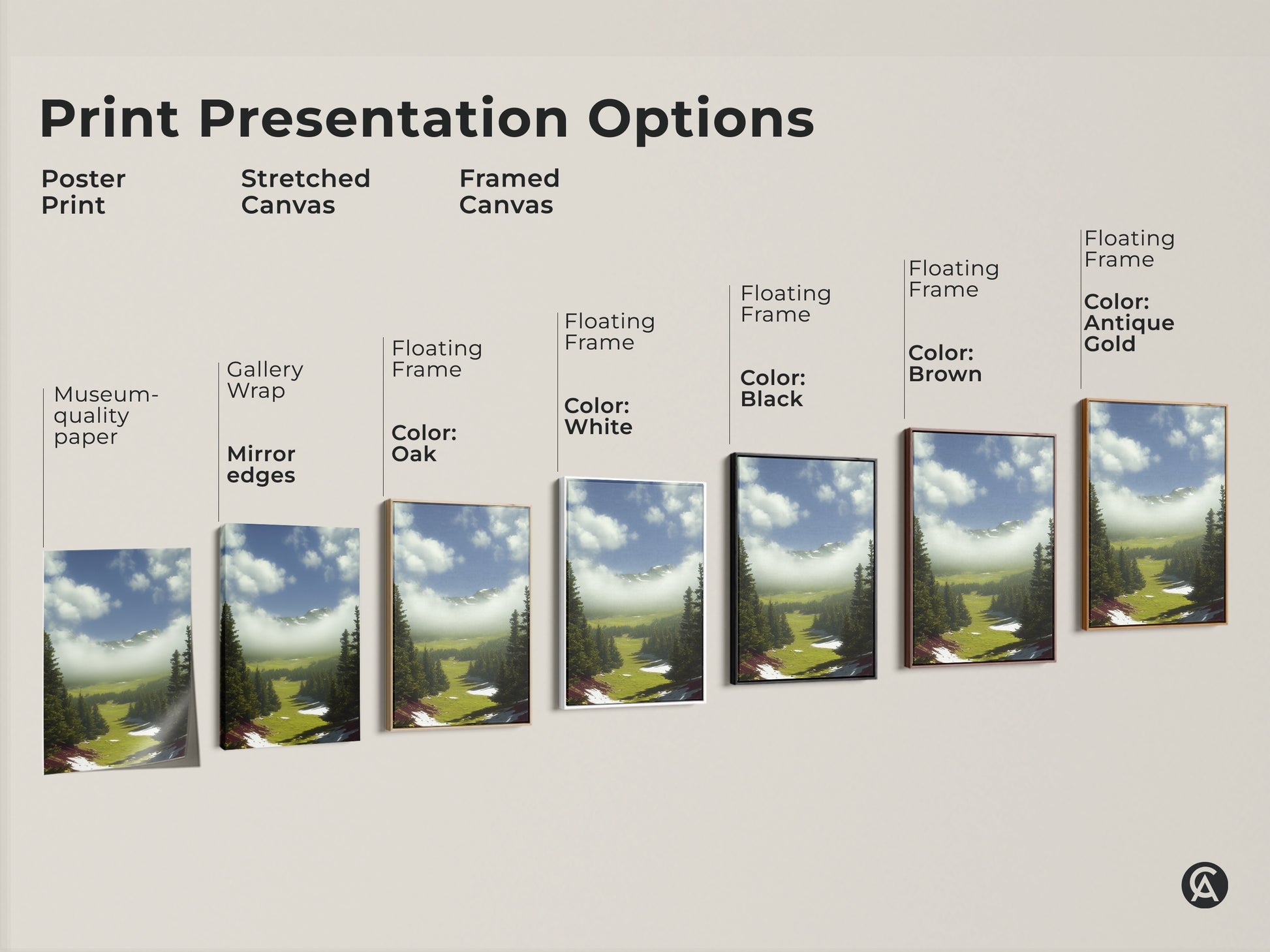 Print presentation options for a pine woodland artwork. Choose from poster print stretched canvas and framed canvas. Museum-quality paper and floating frame options are available for this forest scene artwork.