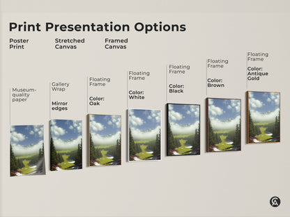 Print presentation options for a pine woodland artwork. Choose from poster print stretched canvas and framed canvas. Museum-quality paper and floating frame options are available for this forest scene artwork.