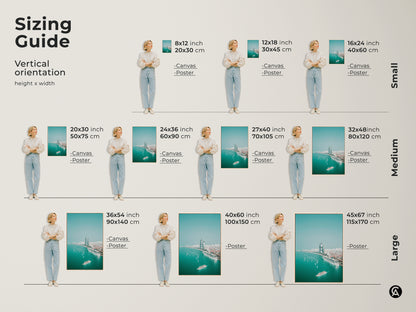 Sizing guide for vertical teal ocean cityscape canvas prints. Available in small medium and large sizes. This aerial cruise ship art is perfect as entry hall wall art. A contemporary travel gift idea for any space.