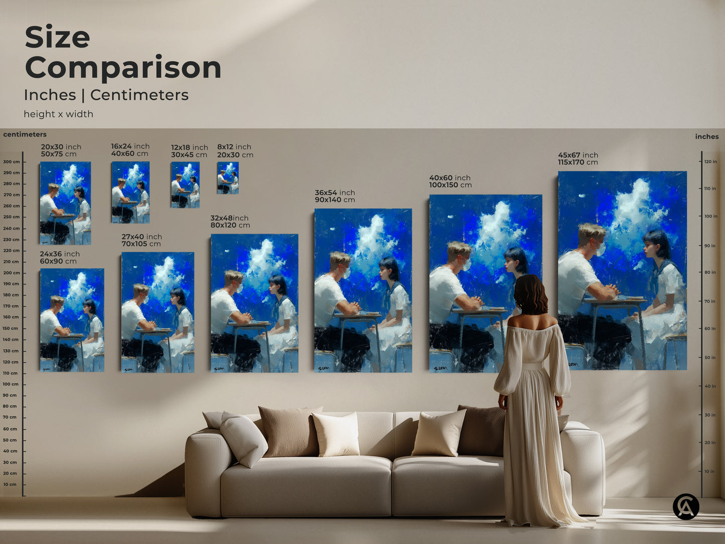 See the size comparison of this modern oil painting in inches and centimeters. The artwork features a young couple sitting at a table. Visualize how different sizes fit in a living room setting. Choose the ideal size to complement your home decor today.