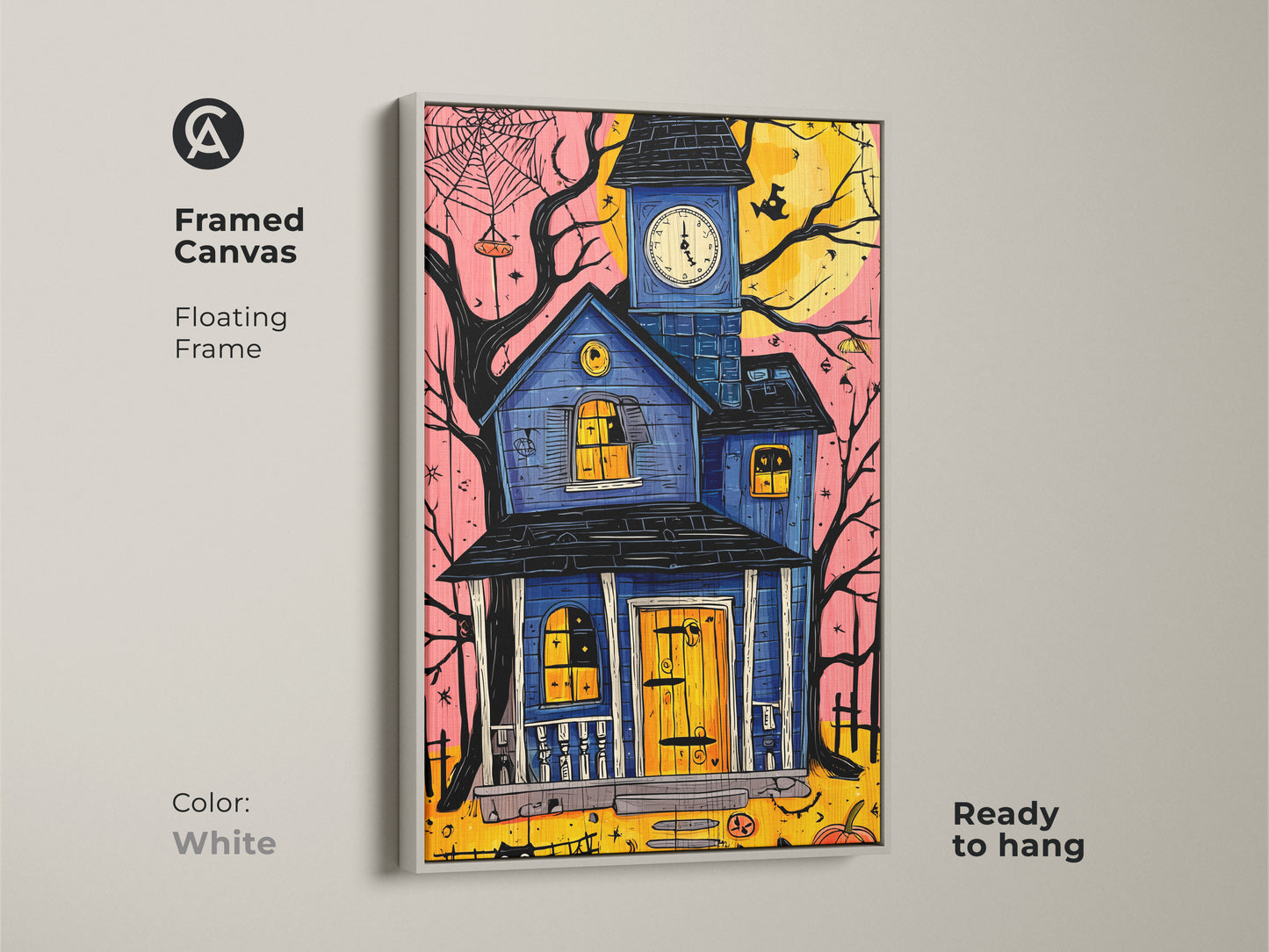 Framed canvas featuring a haunted house art print in a white floating frame. The Halloween wall decor includes a black cat and pumpkin. The eclectic blue yellow orange artwork is ready to hang adding a spooky vibe.