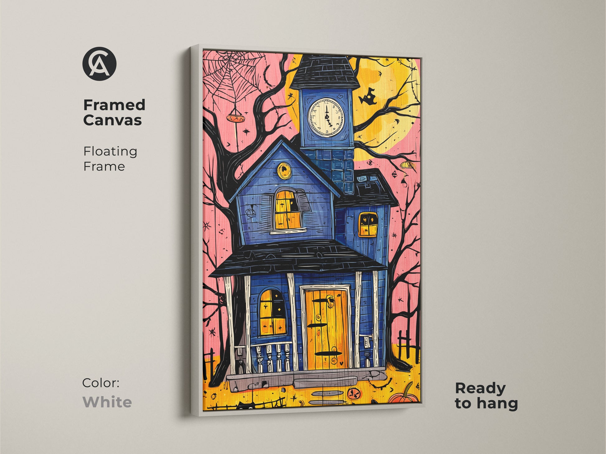 Framed canvas featuring a haunted house art print in a white floating frame. The Halloween wall decor includes a black cat and pumpkin. The eclectic blue yellow orange artwork is ready to hang adding a spooky vibe.