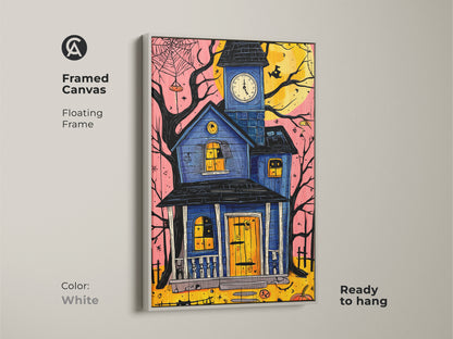Framed canvas featuring a haunted house art print in a white floating frame. The Halloween wall decor includes a black cat and pumpkin. The eclectic blue yellow orange artwork is ready to hang adding a spooky vibe.