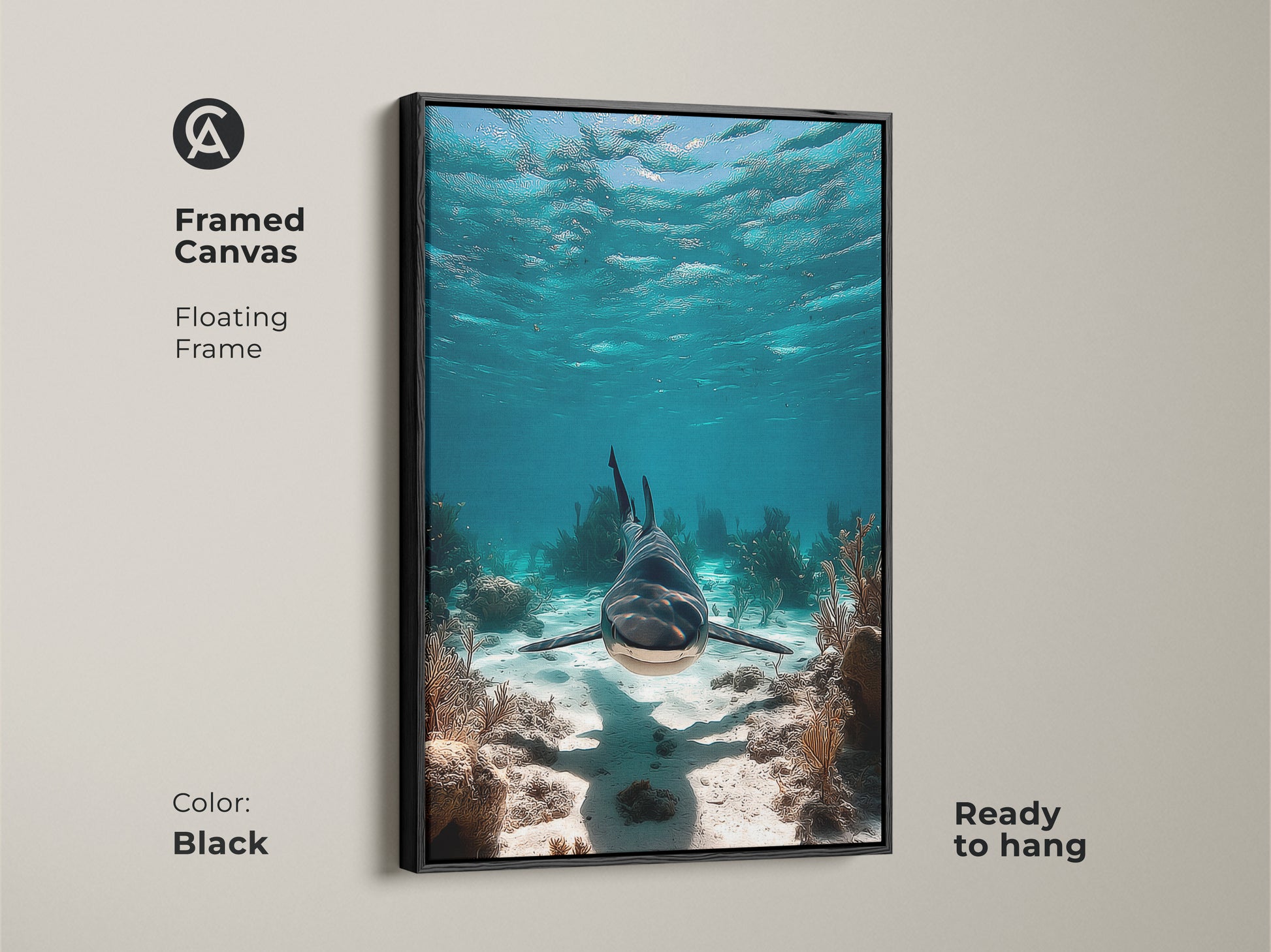 Framed canvas featuring a realistic shark in its underwater domain. The floating frame adds a touch of elegance to this marine life artwork. With its blue teal hues this coastal art is ready to hang. A perfect wall art for ocean lovers.
