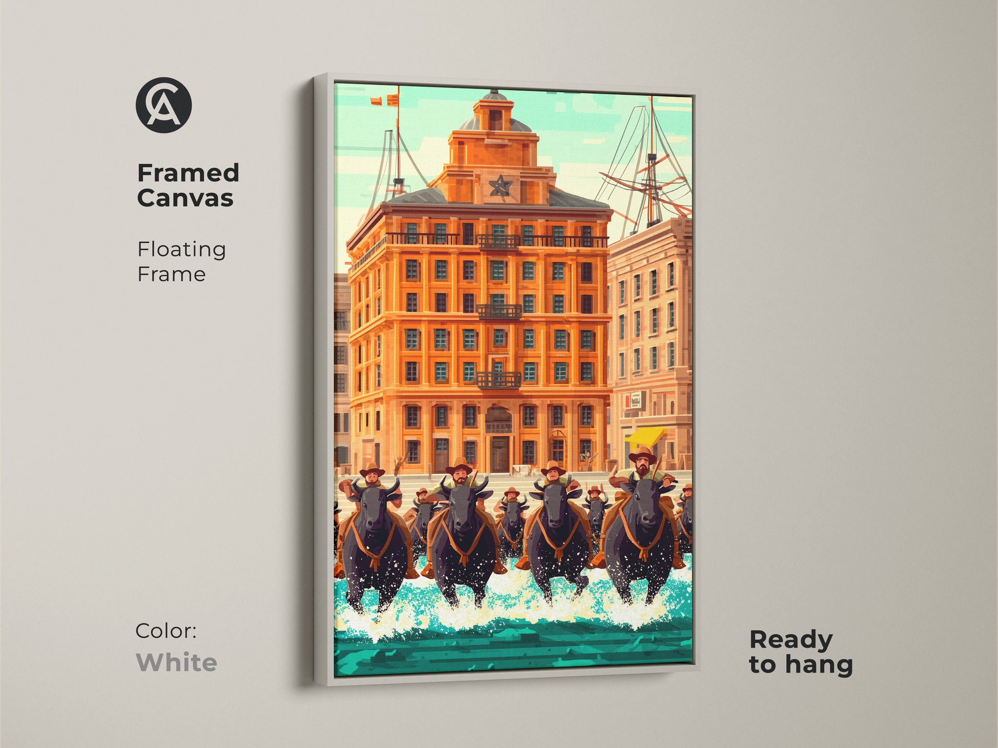 Framed canvas bull rider artwork in a white floating frame. The piece showcases retro futurism of an orange building. Add a unique eclectic style art in your home or office.