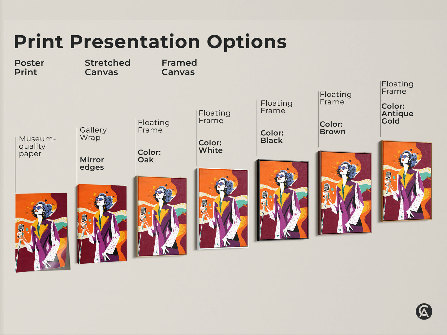 Explore print presentation options for retro singer pop art. Choose from poster prints stretched canvas and framed canvas. Each option highlights the vibrant purple yellow and orange colors. Find the perfect fit for your eclectic music wall decor.