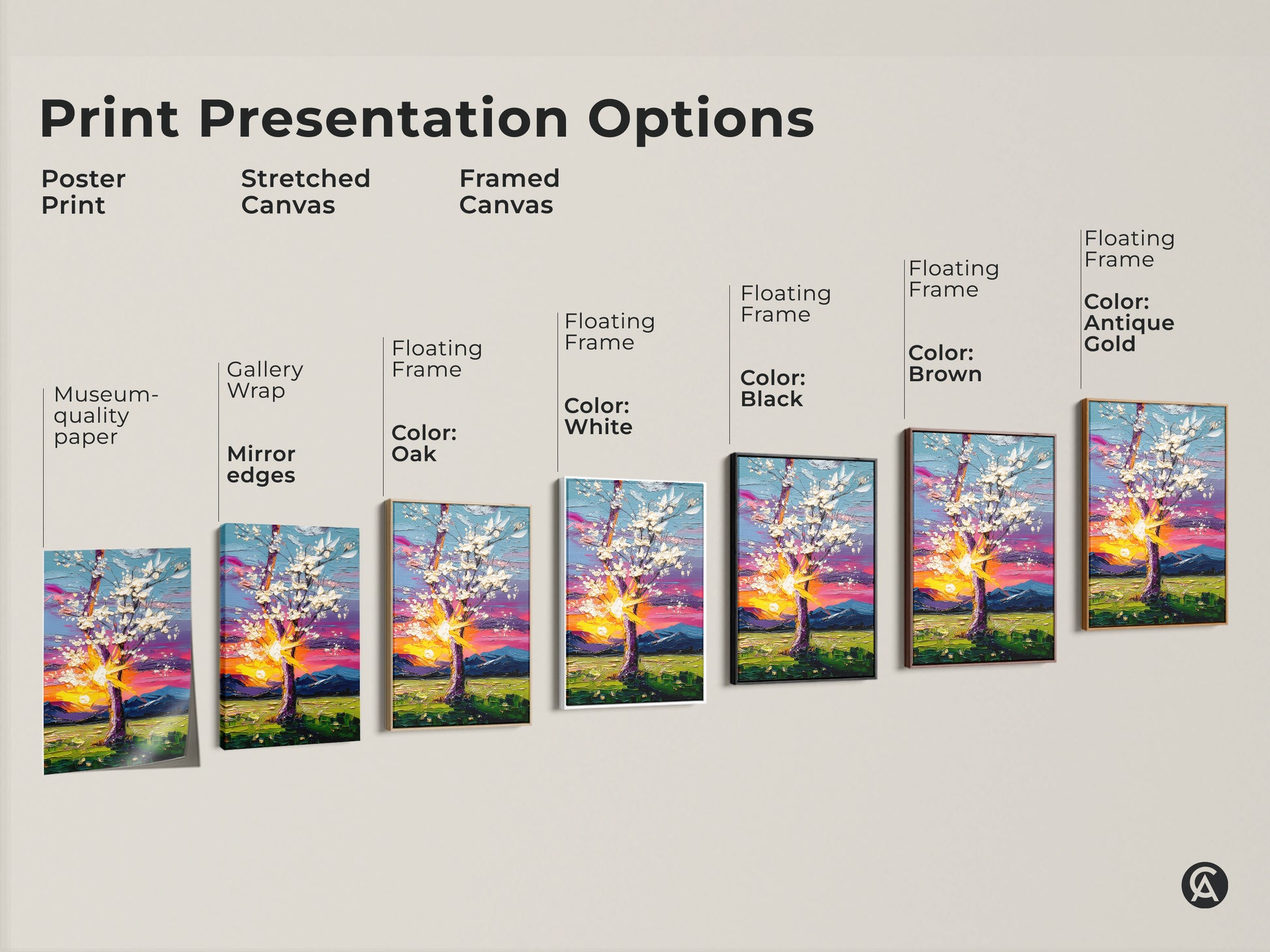Explore various print presentation options for this impressionistic tree art. Choose from poster print to stretched canvas or framed canvas. Options include black brown antique gold oak and white frames. Find the perfect style for your home.