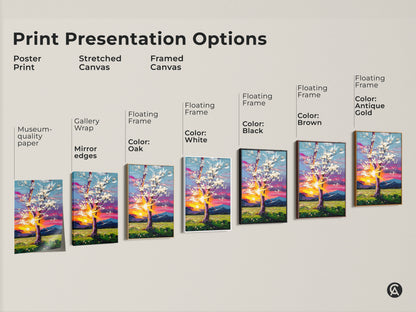 Explore various print presentation options for this impressionistic tree art. Choose from poster print to stretched canvas or framed canvas. Options include black brown antique gold oak and white frames. Find the perfect style for your home.