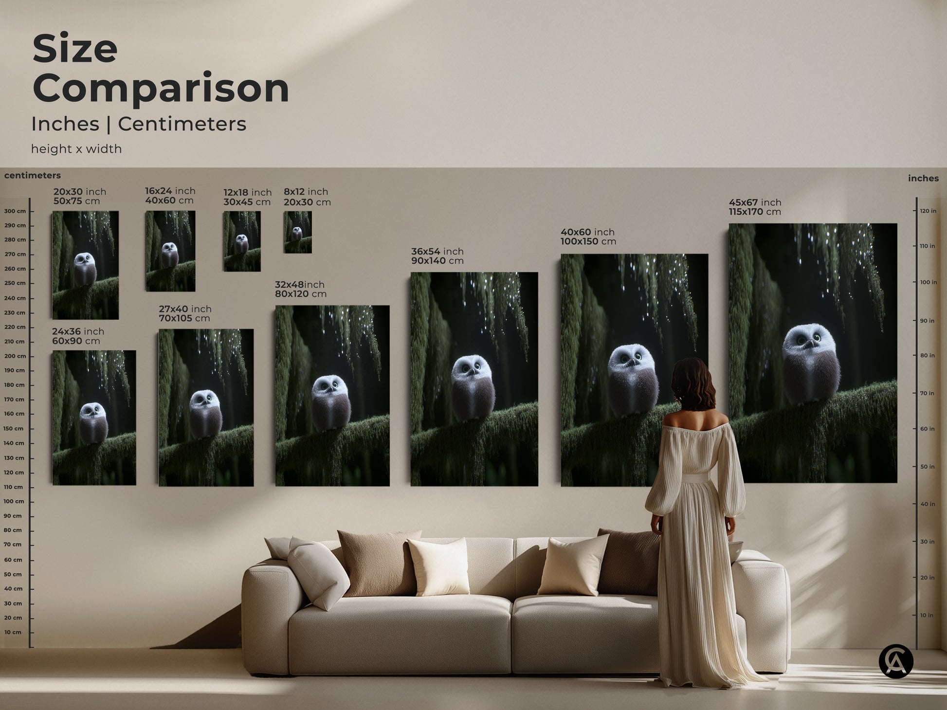 Size comparison of the cute forest owl art print in various dimensions. See how this artwork fits in a living room setting. Perfect as woodland nursery decor or boho forest art. A nature lover gift idea to add a touch of enchantment to your home. Ideal as cozy bedroom art