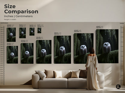 Size comparison of the cute forest owl art print in various dimensions. See how this artwork fits in a living room setting. Perfect as woodland nursery decor or boho forest art. A nature lover gift idea to add a touch of enchantment to your home. Ideal as cozy bedroom art