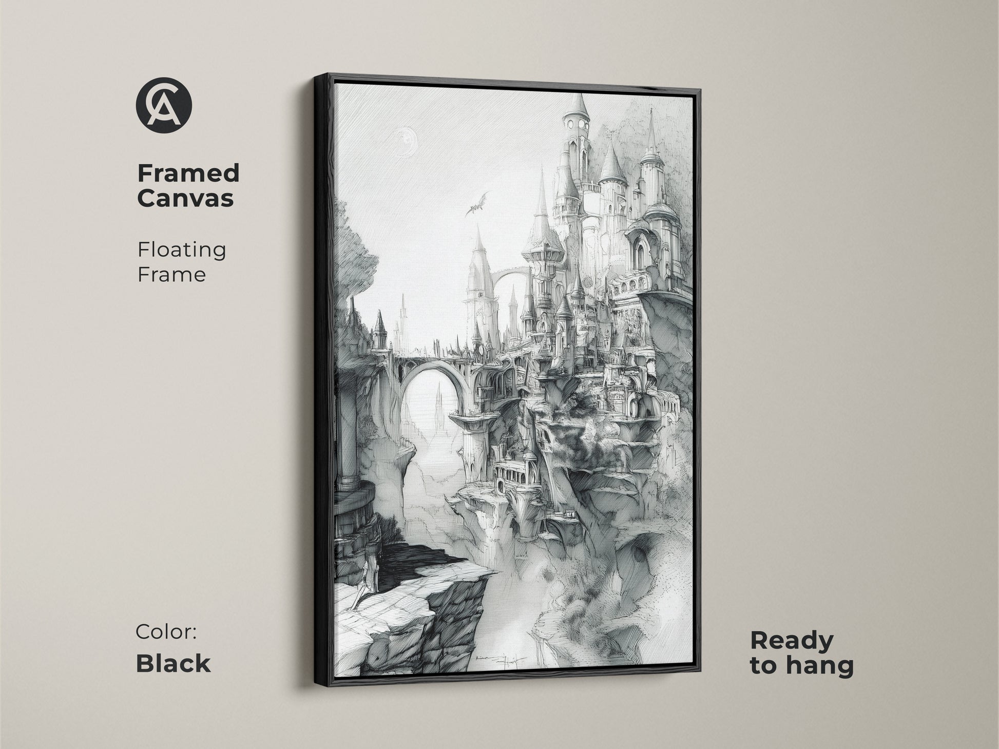 Framed canvas print featuring a detailed castle sketch in black. The fantasy medieval castle sits on cliffs. This floating frame canvas is ready to hang. Get this unique piece of art to enhance your home decor.
