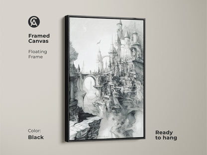Framed canvas print featuring a detailed castle sketch in black. The fantasy medieval castle sits on cliffs. This floating frame canvas is ready to hang. Get this unique piece of art to enhance your home decor.