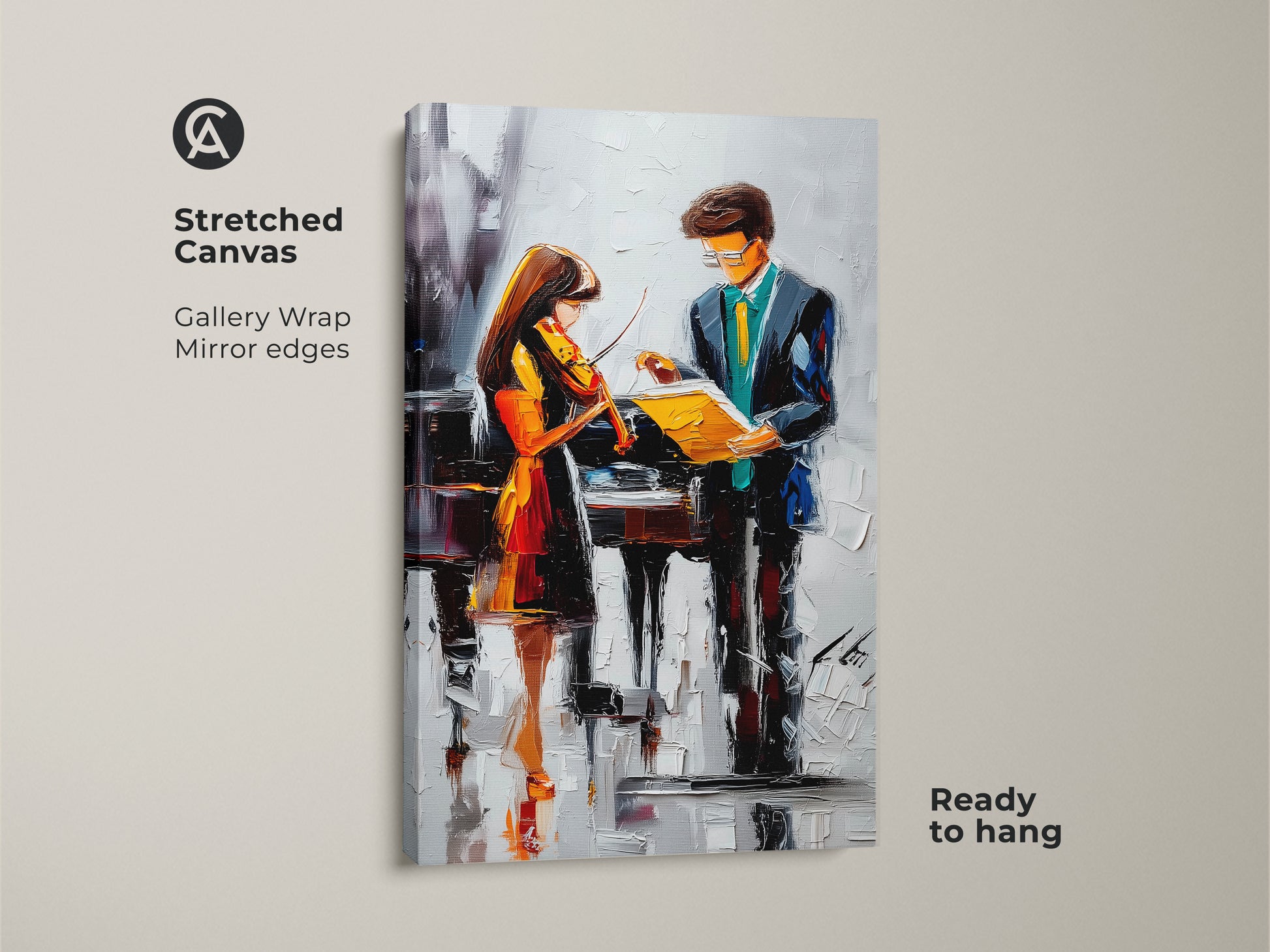 Stretched canvas art featuring a violin and piano music theme. The gallery wrap has mirrored edges and is ready to hang. This contemporary artwork adds musical sophistication.