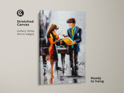 Stretched canvas art featuring a violin and piano music theme. The gallery wrap has mirrored edges and is ready to hang. This contemporary artwork adds musical sophistication.