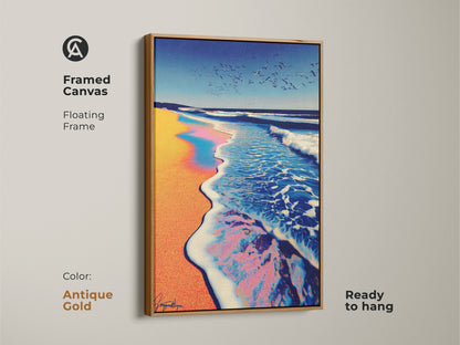 Framed coastal canvas artwork in an antique gold floating frame displays an ocean wave at sunset. This contemporary style art is ready to hang. The teal blue and orange hues with seagulls make it an ideal focal point. Great gift for any beach lover.