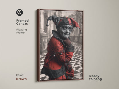 Framed canvas of a gothic jester character. Floating frame in brown color. This Harlequin is ready to hang. Great dark academia canvas art to bring some light into a study room or an office character art.