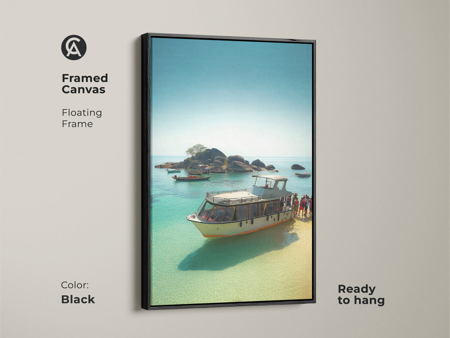 Framed Canvas with a Floating Frame in Black. This Turquoise water boat painting is ready to hang. A great Housewarming gift for travelers and Residential coastal wall art.