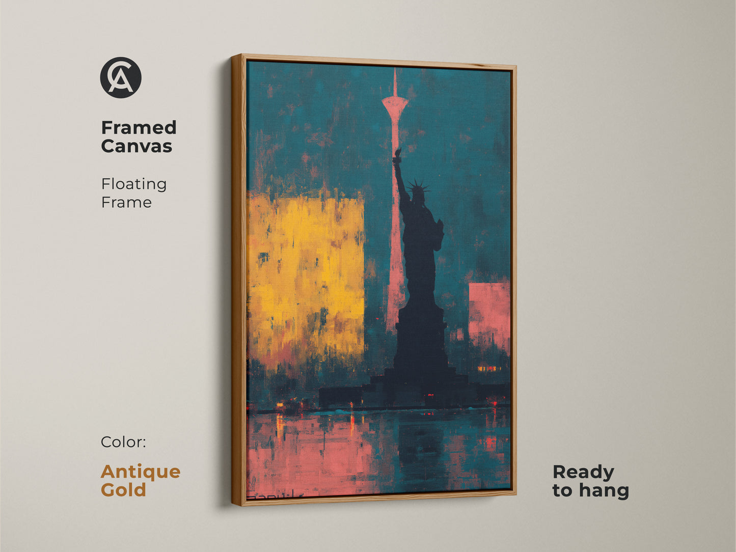 Framed abstract Statue of Liberty canvas art with an antique gold floating frame. The teal and yellow New York Cityscape is ready to hang. It offers a modern touch to any home or office.