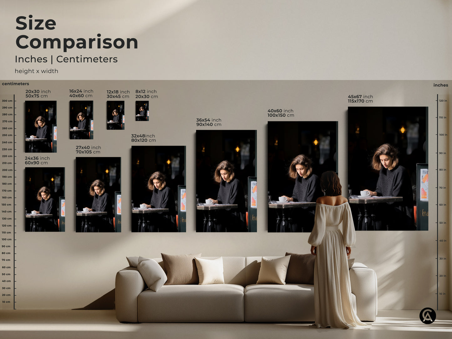 Size comparison of woman reading artwork. Visualize inches and centimeters. See how different sizes fit above a sofa. Choose the ideal scale for your contemporary art.
