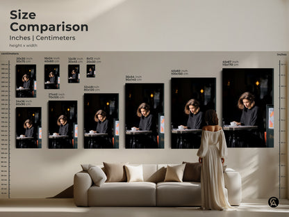 Size comparison of woman reading artwork. Visualize inches and centimeters. See how different sizes fit above a sofa. Choose the ideal scale for your contemporary art.
